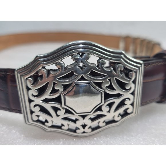 Brighton Embossed Brown Leather Belt Silver Buckle Embellishments L 34 B30338 - Picture 2 of 5